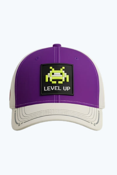 LEVEL UP - Retro Gaming Pixel Snapback Cap — Purple & Off-white